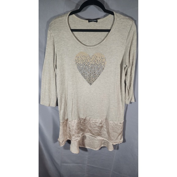 cha cha vente Tops - Cha Cha Vente Womens XL Studded Heart Tunic Top 3/4 Sleeve Satin Hem Boho Beige